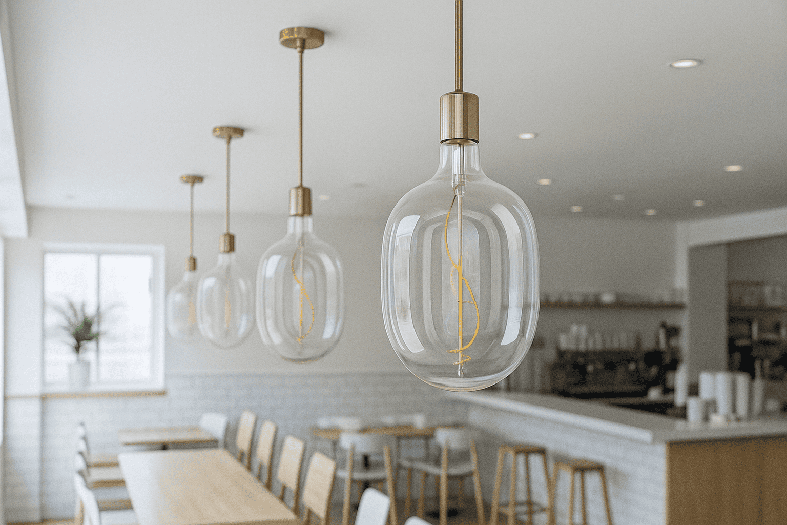 Modern restaurant interior with pendant lights and tables.