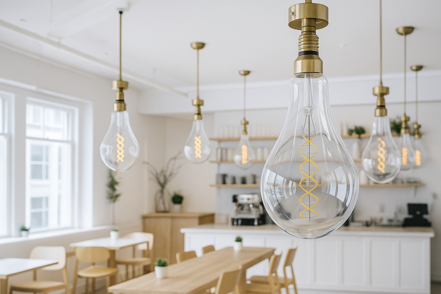 Modern kitchen with pendant lights featuring clear glass shades and gold fixtures.