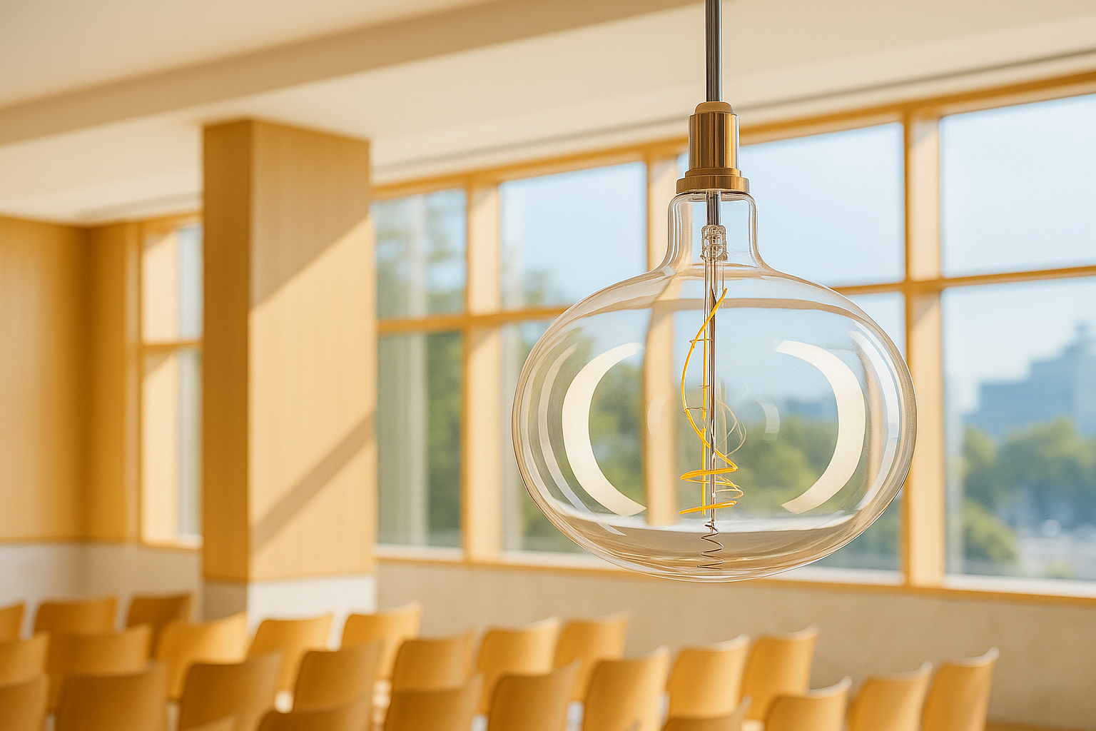 Large glass pendant light in a room with windows