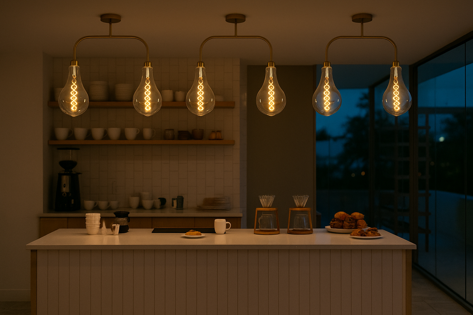 Modern kitchen with pendant lights and a counter displaying food and coffee items.