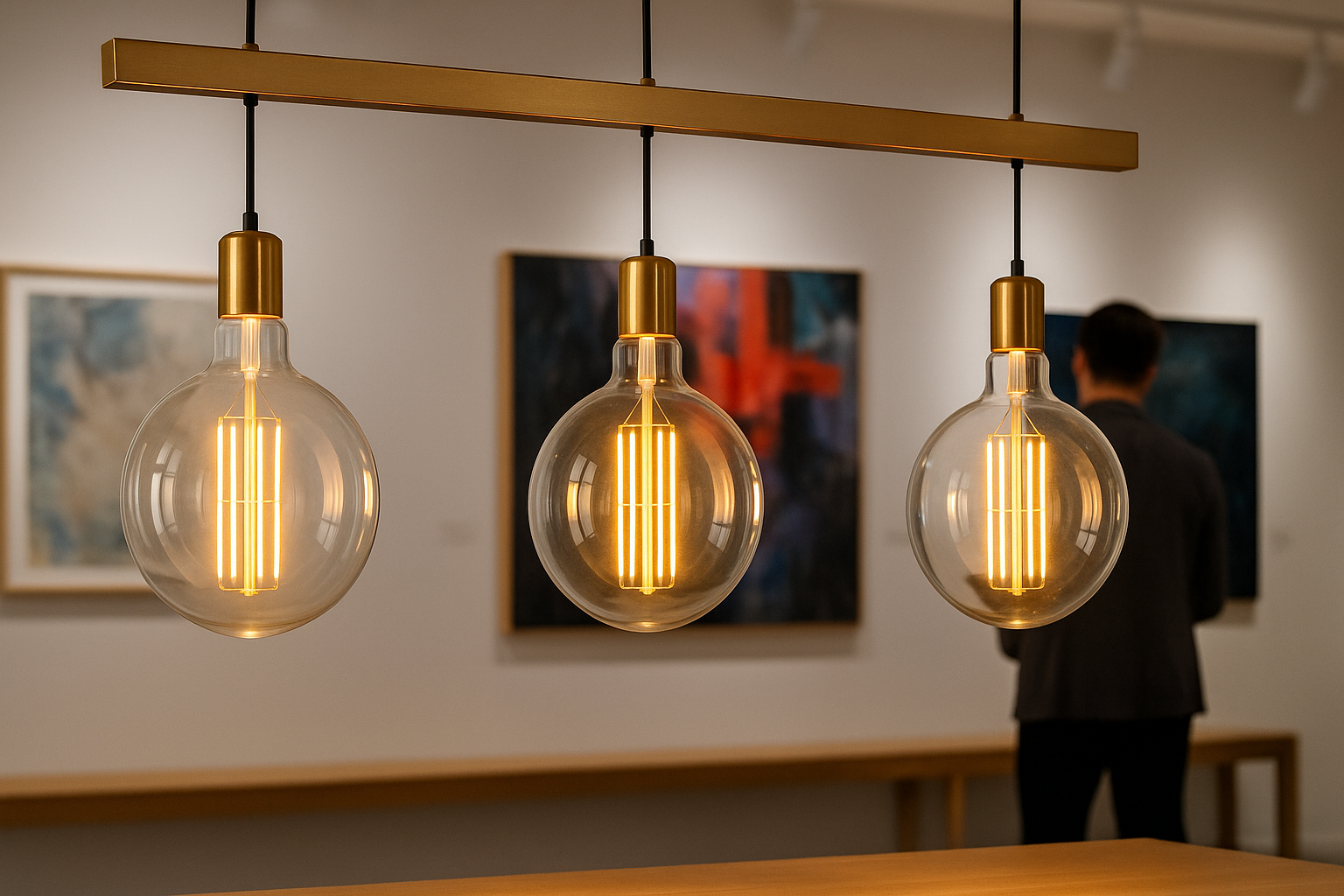 Three illuminated light bulbs hanging from a wooden fixture in a room with abstract art on the wall.