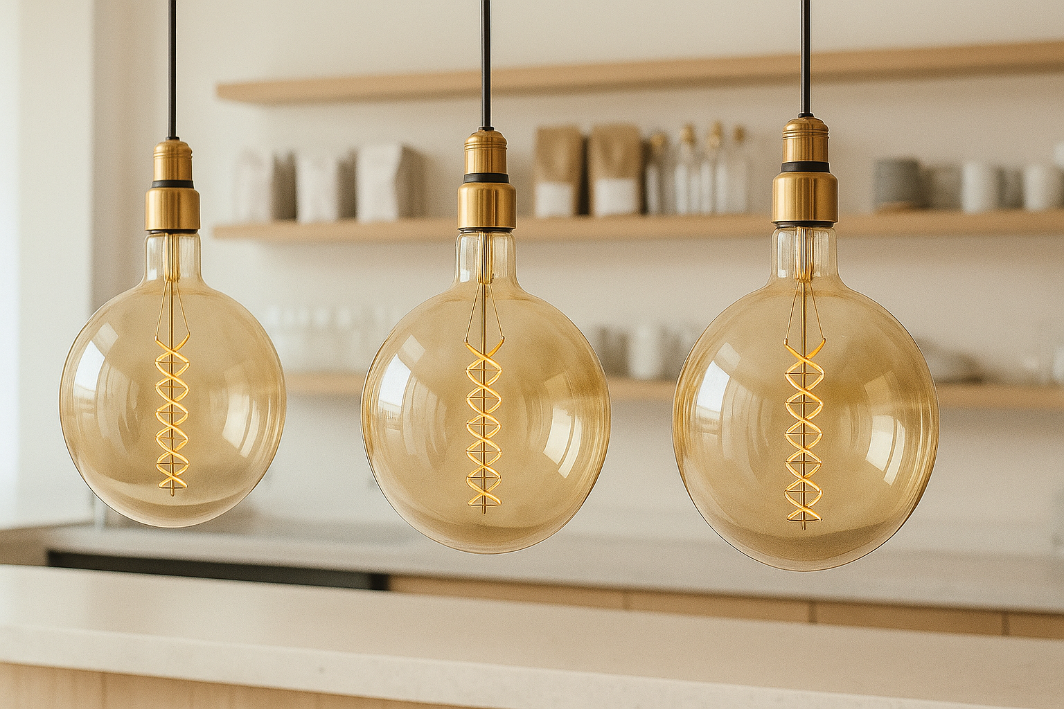Three round, amber-colored light bulbs with gold螺旋设计 hanging against a neutral background.