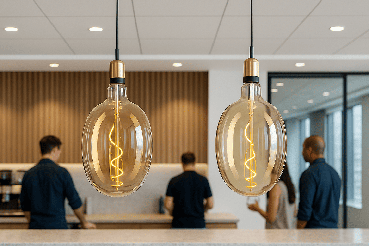 Two hanging light bulbs with visible filaments in an office setting.