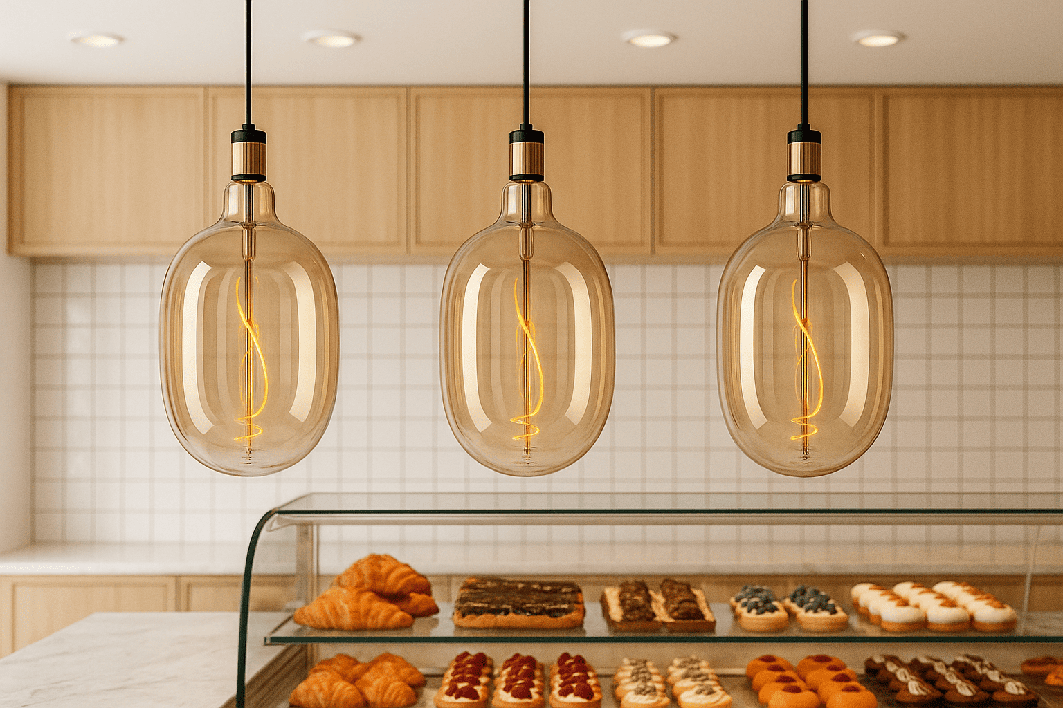 Bakery display case with pastries under pendant lights in a kitchen setting