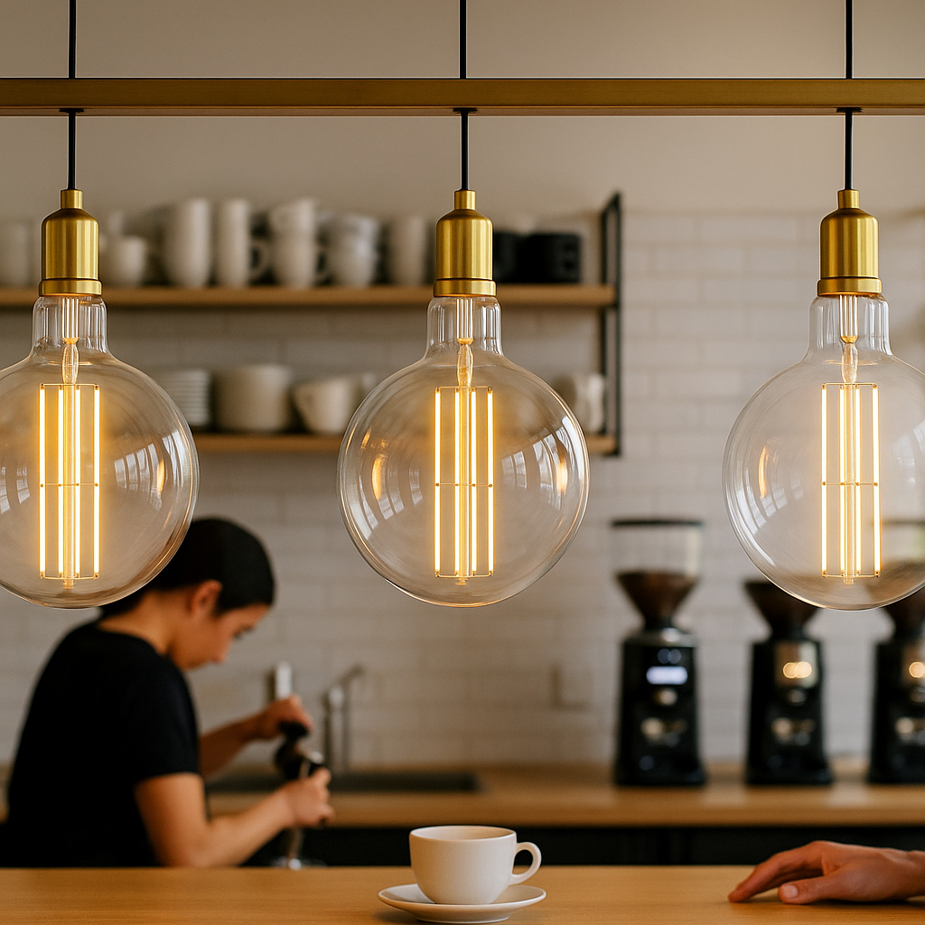 Three illuminated light bulbs hanging above a kitchen counter with a person in the background.