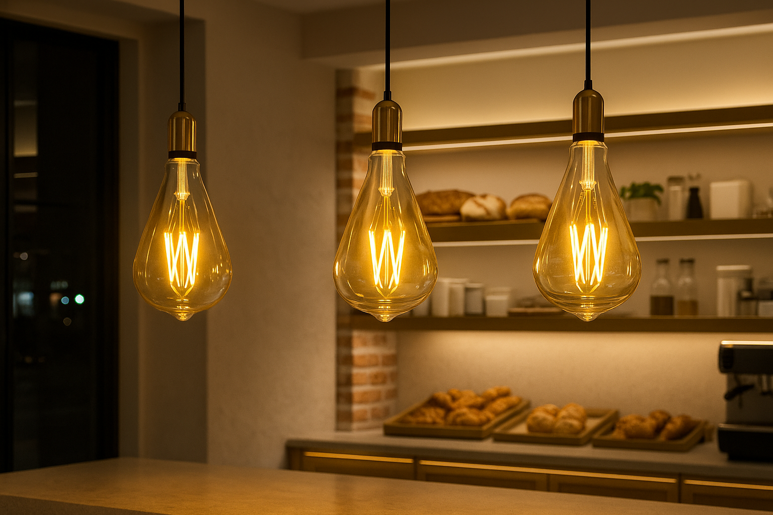 Three vintage-style light bulbs hanging above a counter with a blurred background of shelves and products.