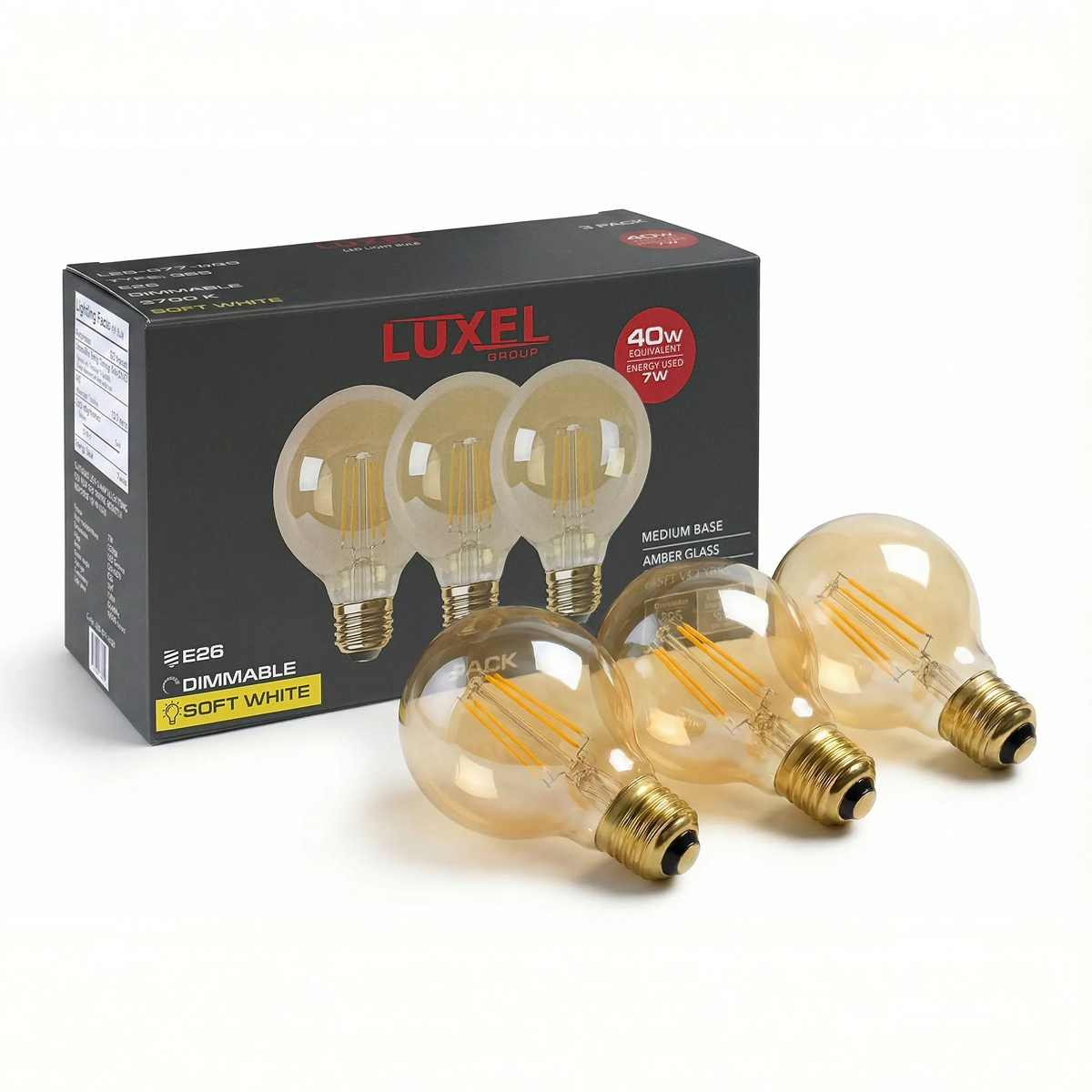Luxel LED filament bulbs with packaging on a white background