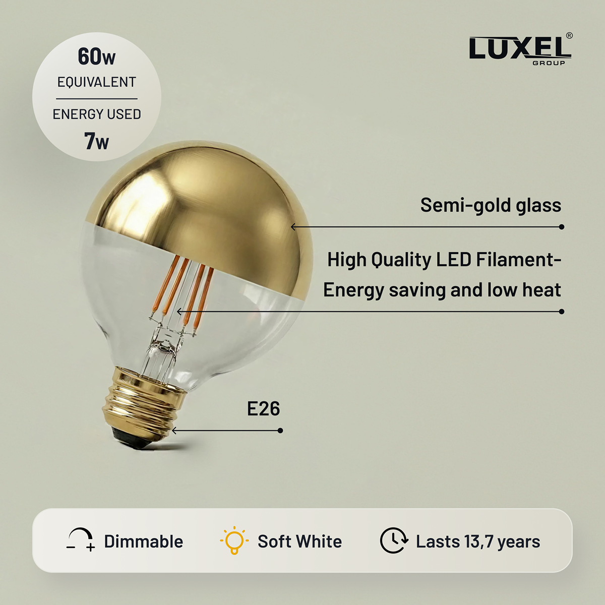 Luxel LED light bulb with features highlighted on a beige background