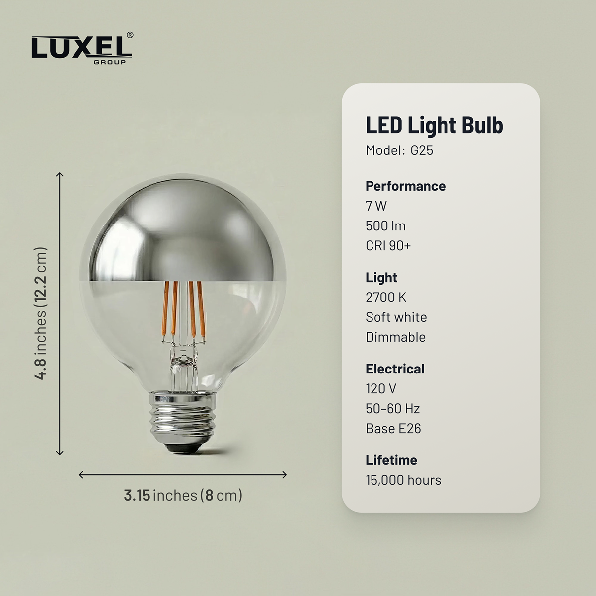 LED light bulb with Luxel branding and specifications on a beige background