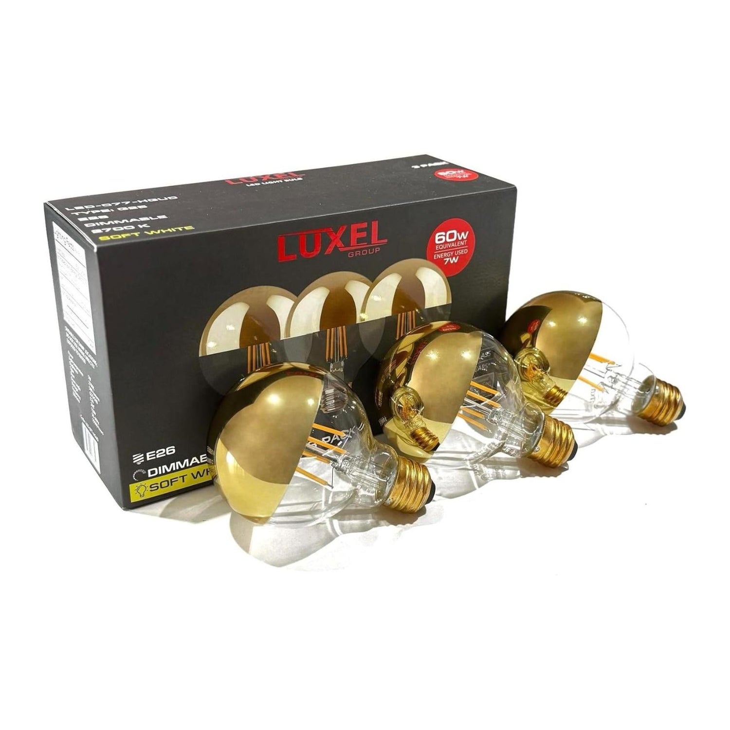 Luxel light bulbs with packaging on a white background