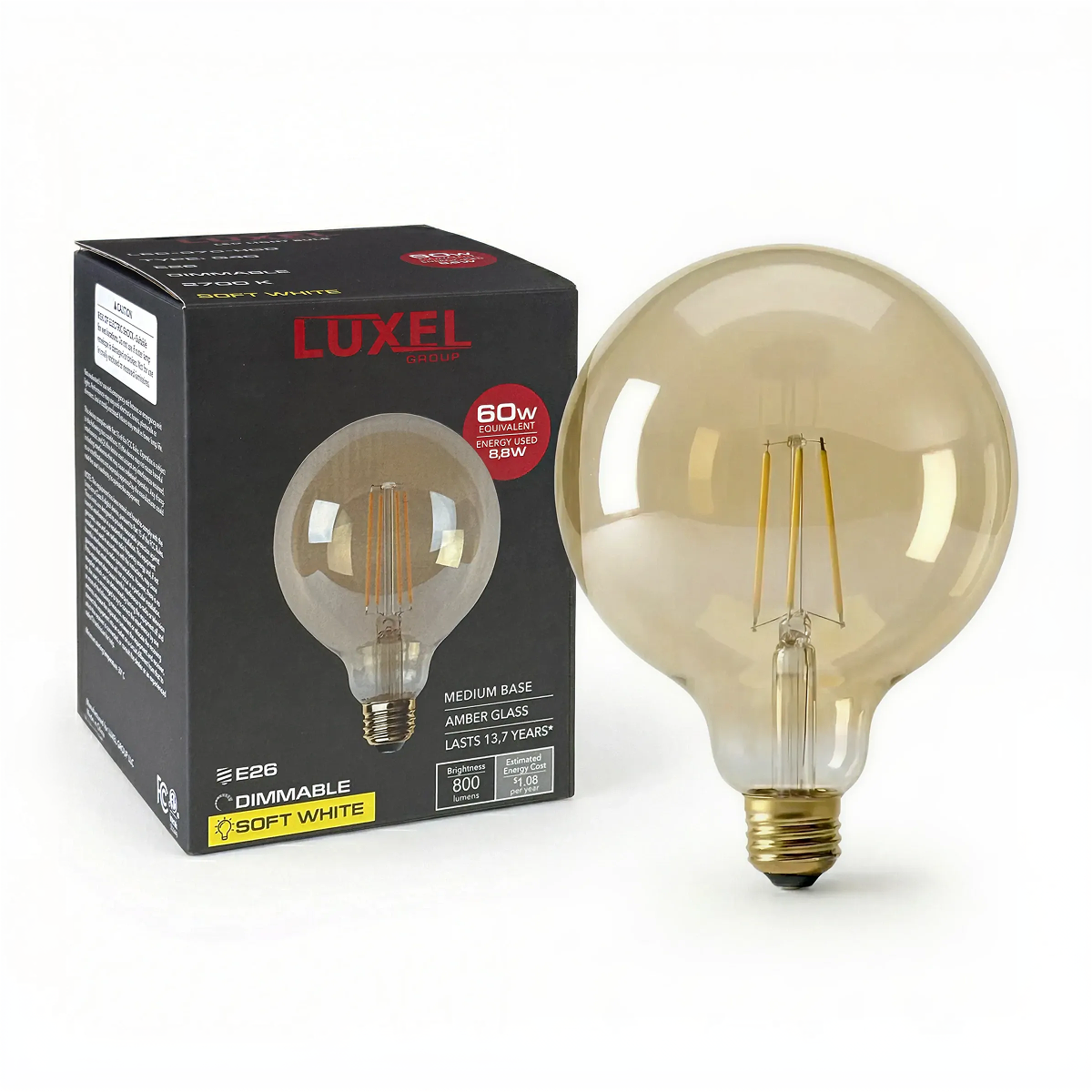 Luxel LED light bulb and packaging on a white background