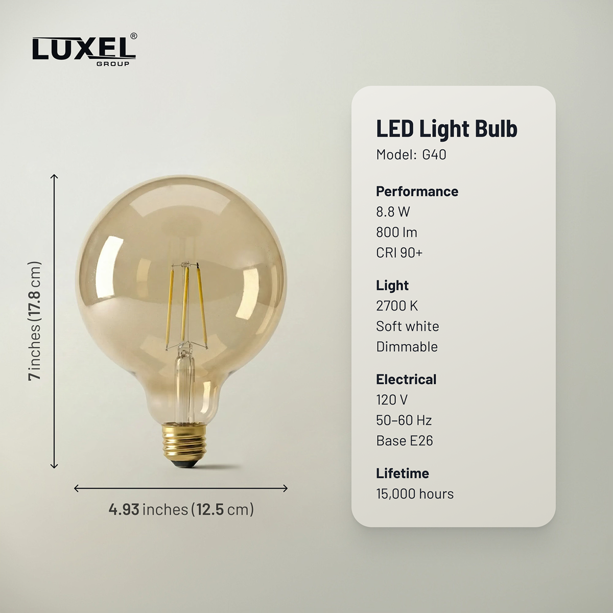 LED light bulb with Luxel branding and specifications on a gray background