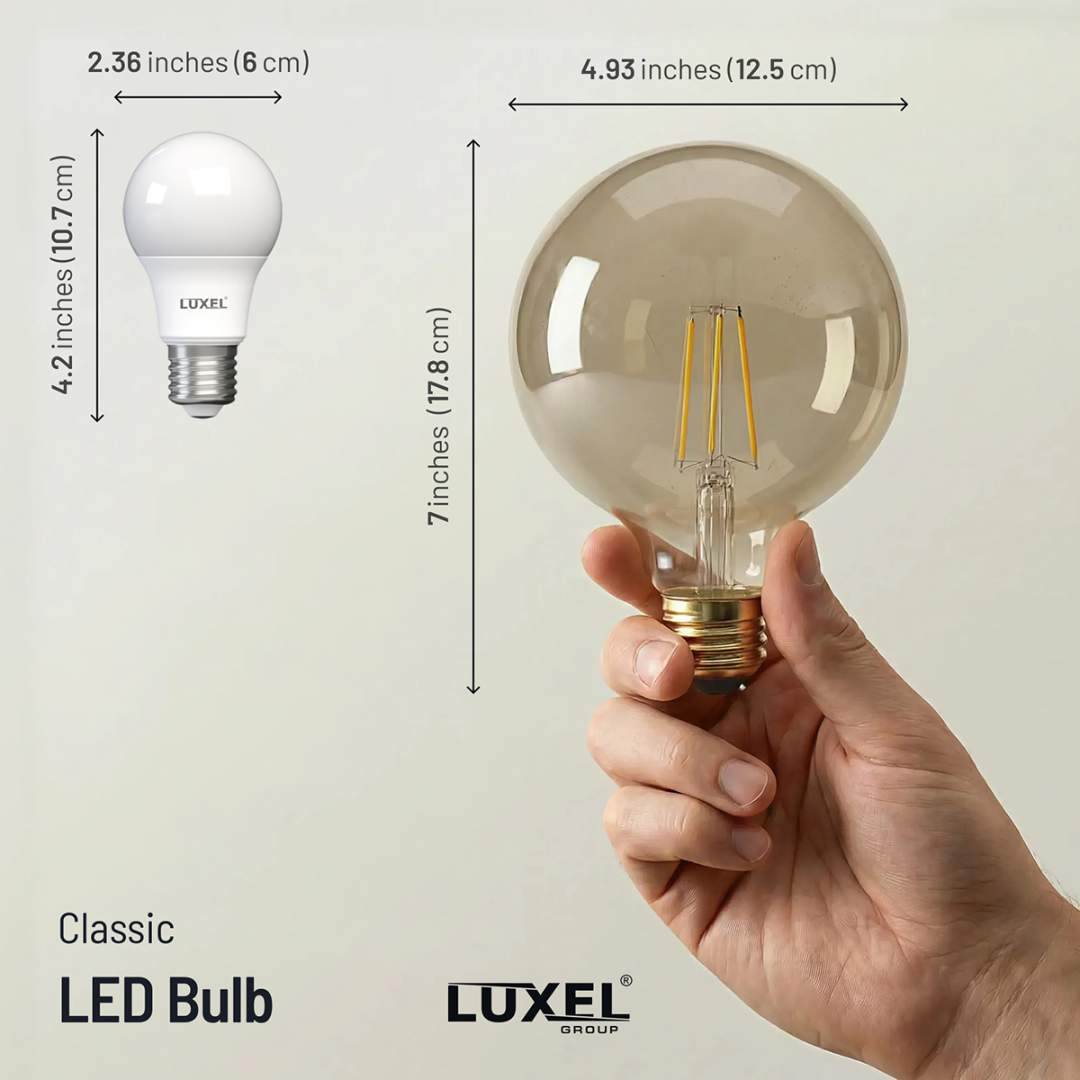 Comparison of a classic LED bulb and a Luxel light bulb held by a hand, with measurements indicated.