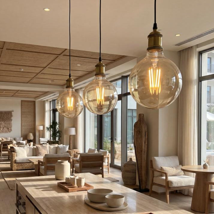 Modern kitchen island with pendant lights in a stylish living room.