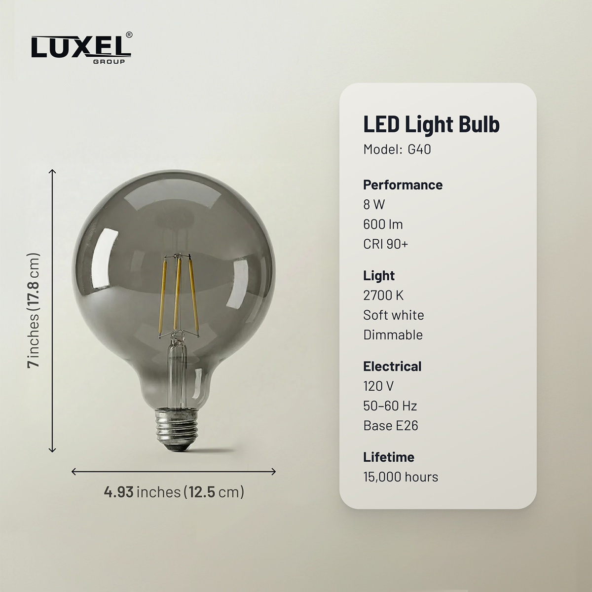 LED light bulb with Luxel branding and specifications on a beige background
