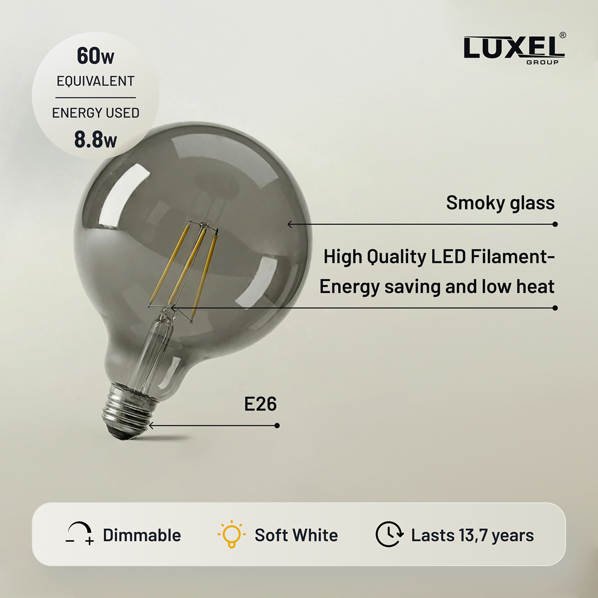 LED light bulb with features labeled on a beige background, featuring the Luxel brand.