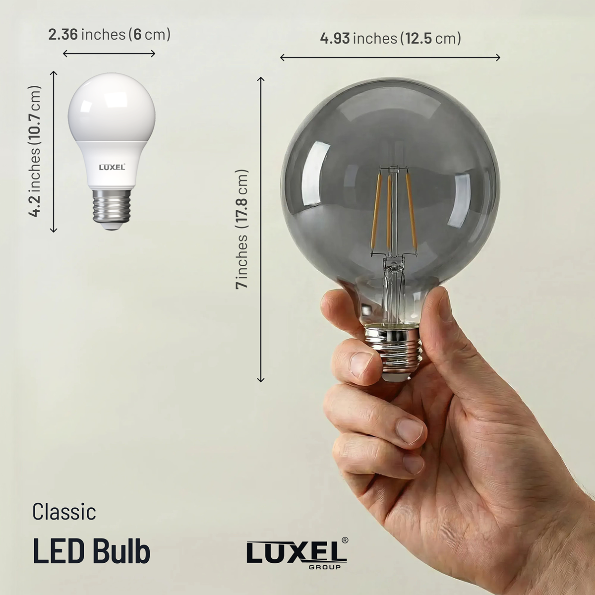Comparison of a classic LED bulb and a Luxel bulb held by a hand, with measurements indicated.