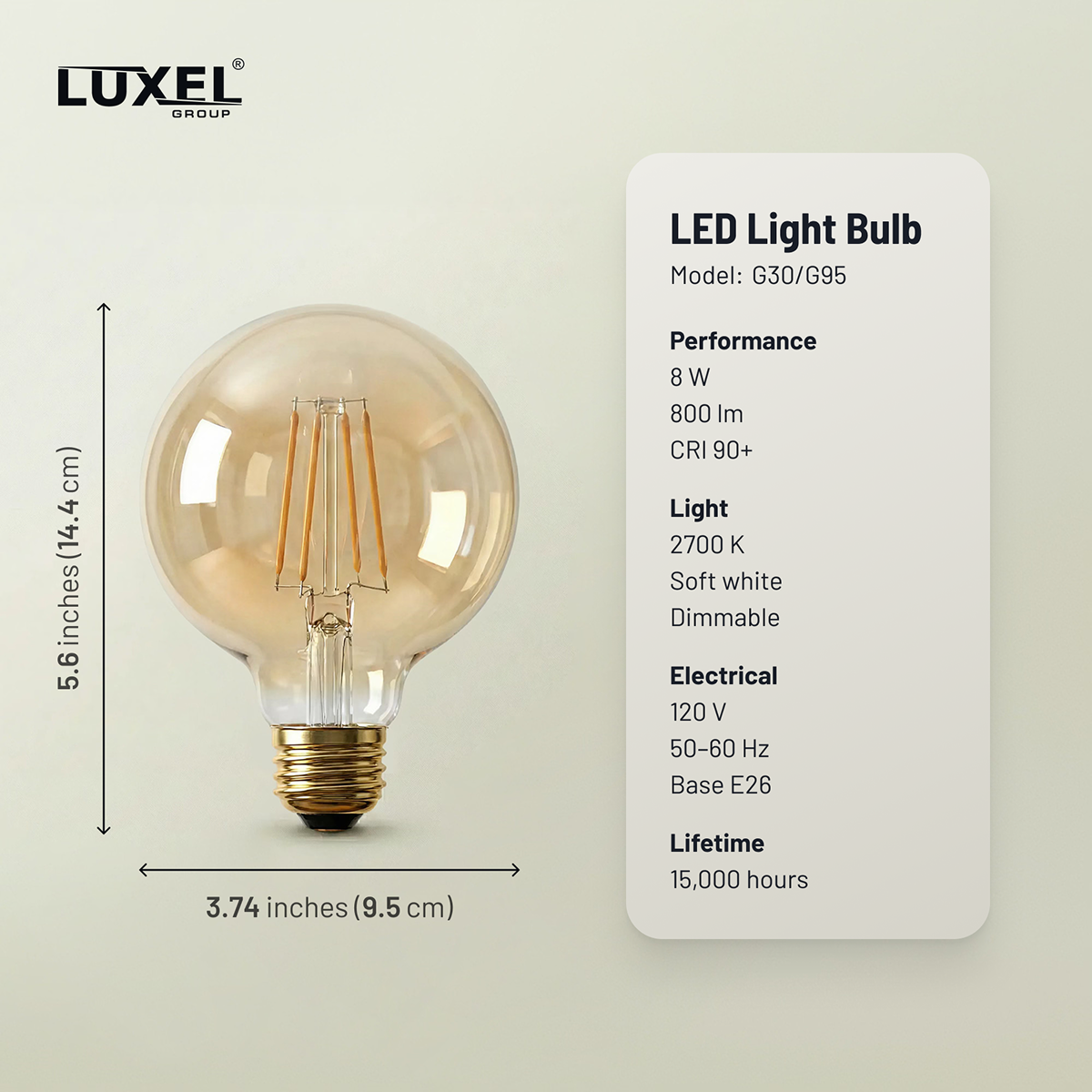 LED light bulb with Luxel branding and specifications on a beige background