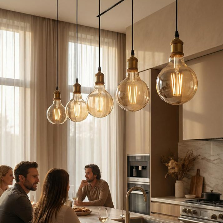 People sitting at a kitchen island with modern pendant lights hanging above.