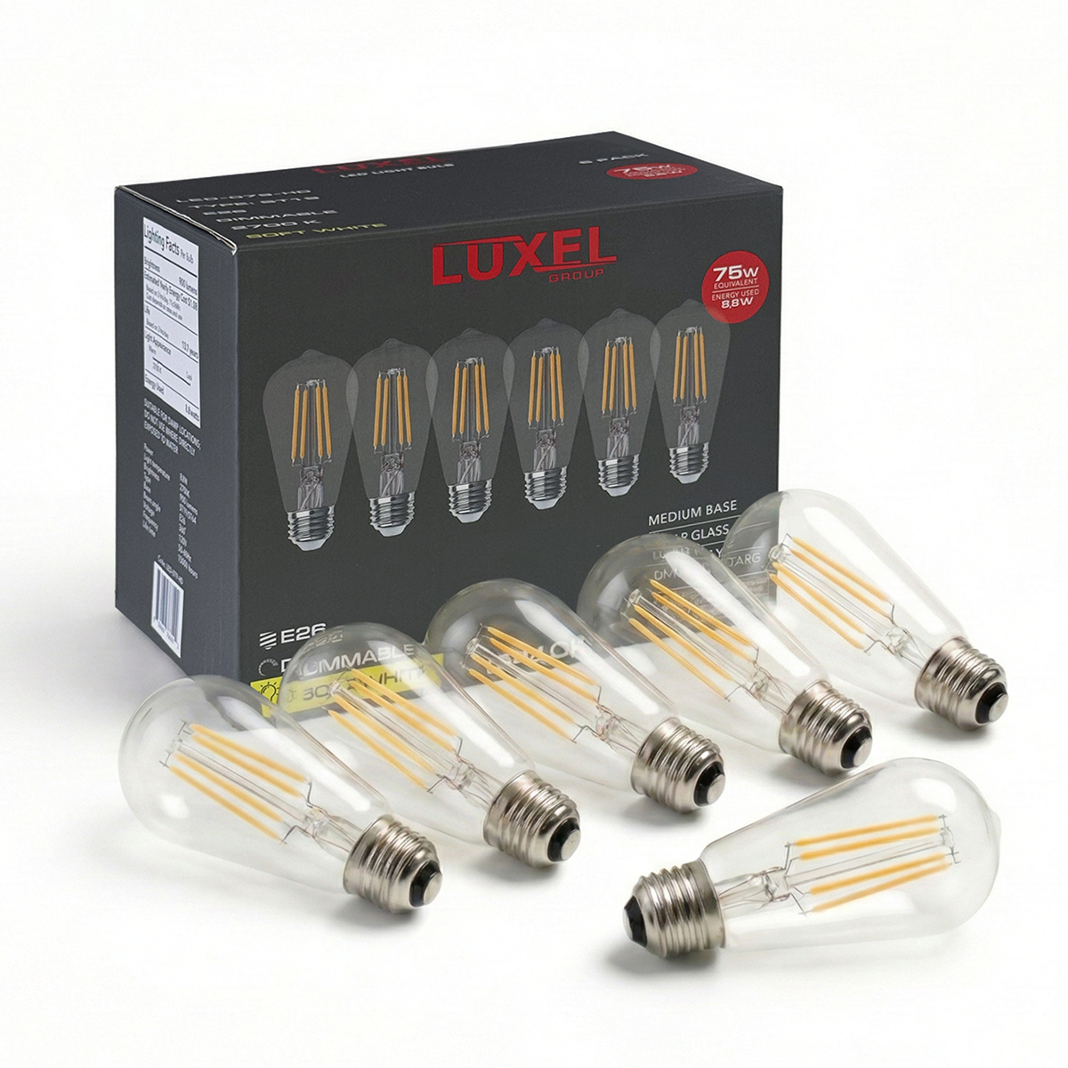 Luxel LED filament bulbs with packaging on a white background