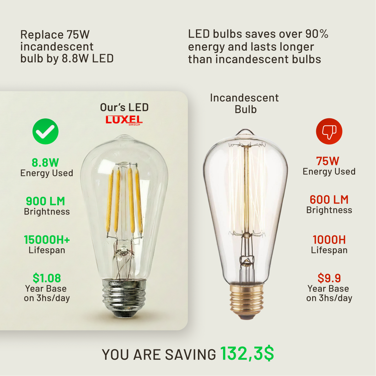 Comparison of LED and incandescent light bulbs with energy savings and cost details.