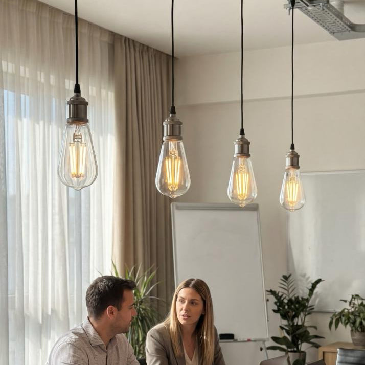 Two people sitting at a conference table in a modern office setting with pendant lights.
