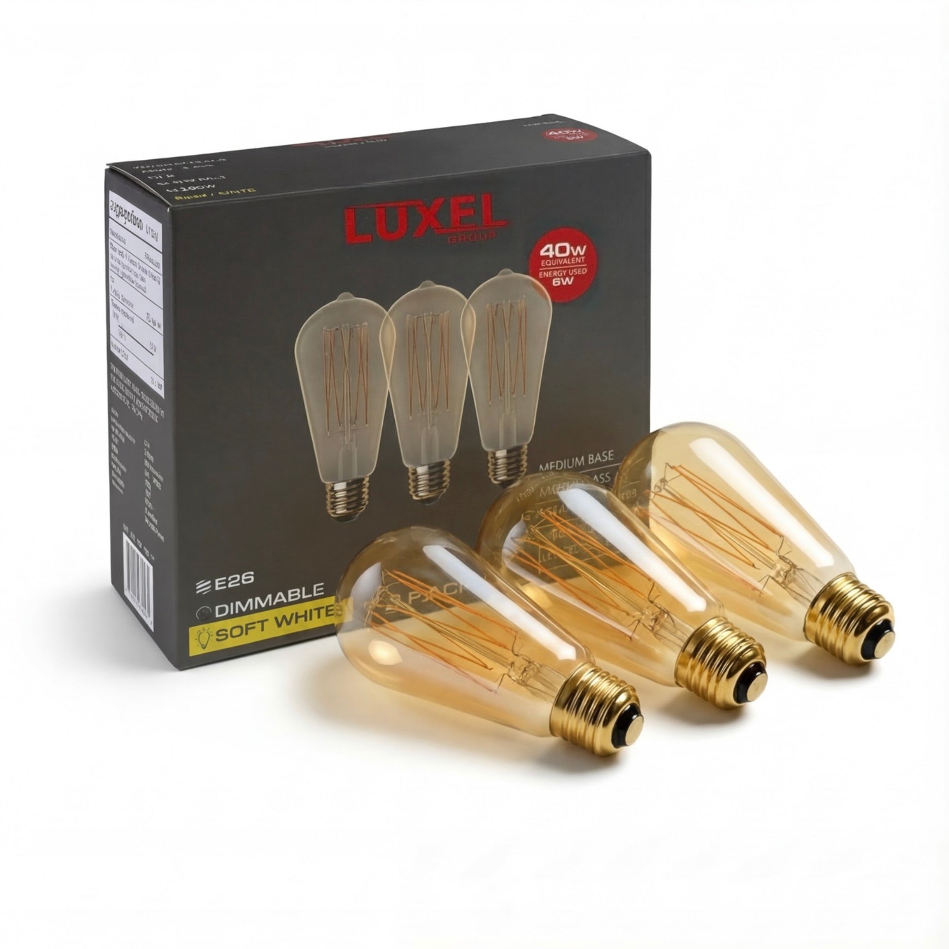 Luxel brand LED filament light bulbs with packaging on a white background