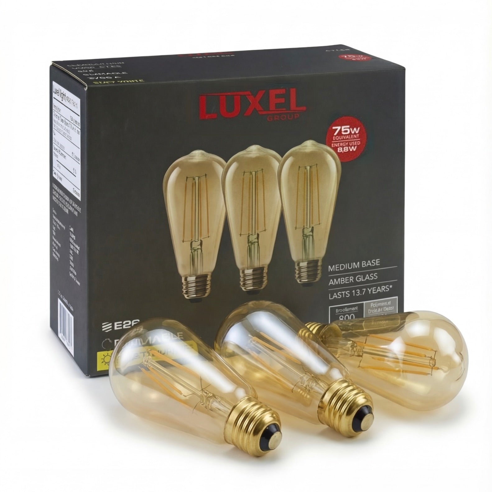 Luxel light bulbs with packaging on a white background