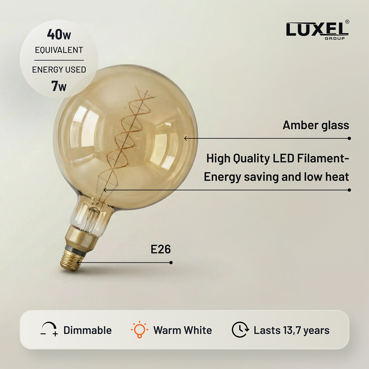 Luxel LED light bulb with features highlighted on a beige background