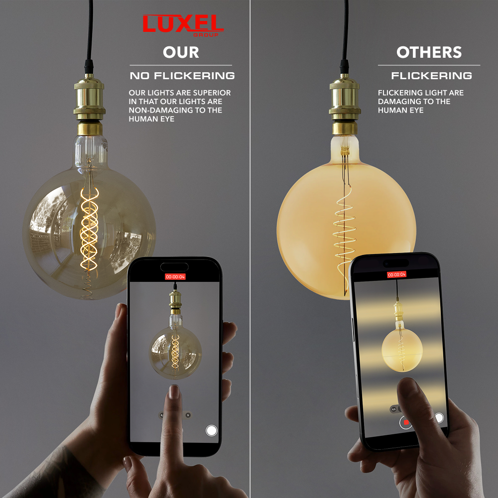 Comparison of Luxel light bulb with flickering effect on smartphone screens.