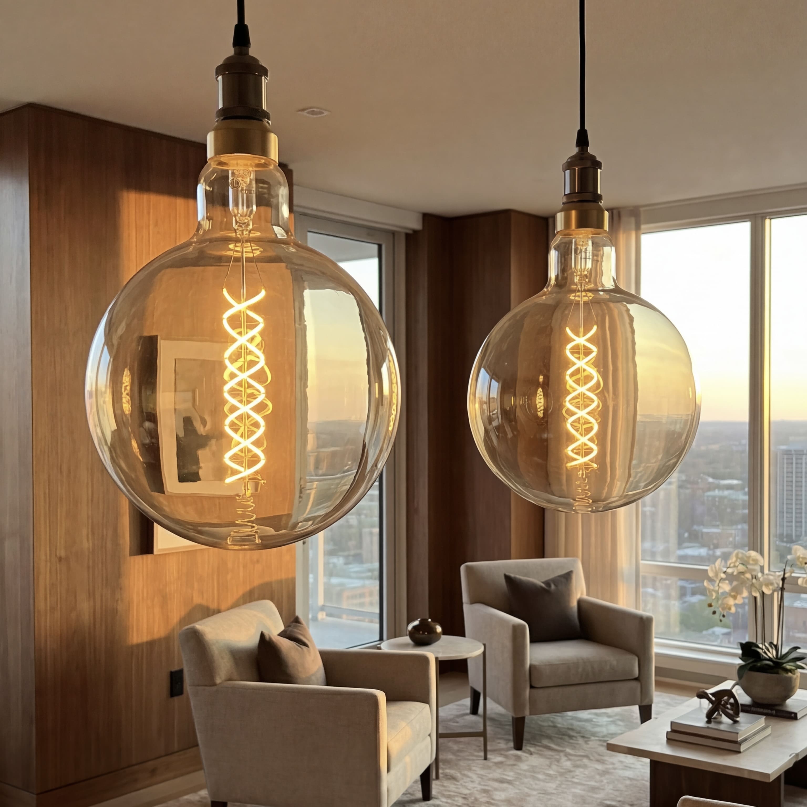 Modern living room with large glass pendant lights and city view