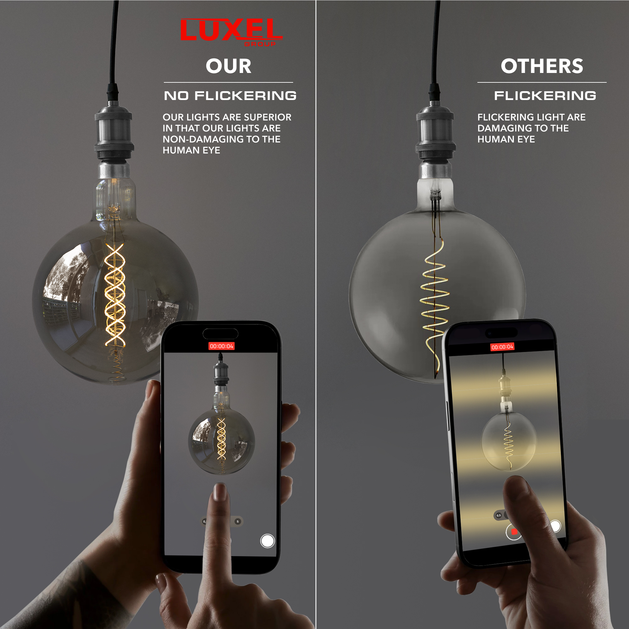 Comparison of Luxel light bulb with flickering effect on smartphone screen.