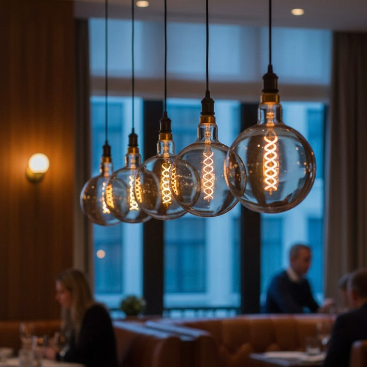 Vintage-style pendant lights hanging in a restaurant setting with blurred background