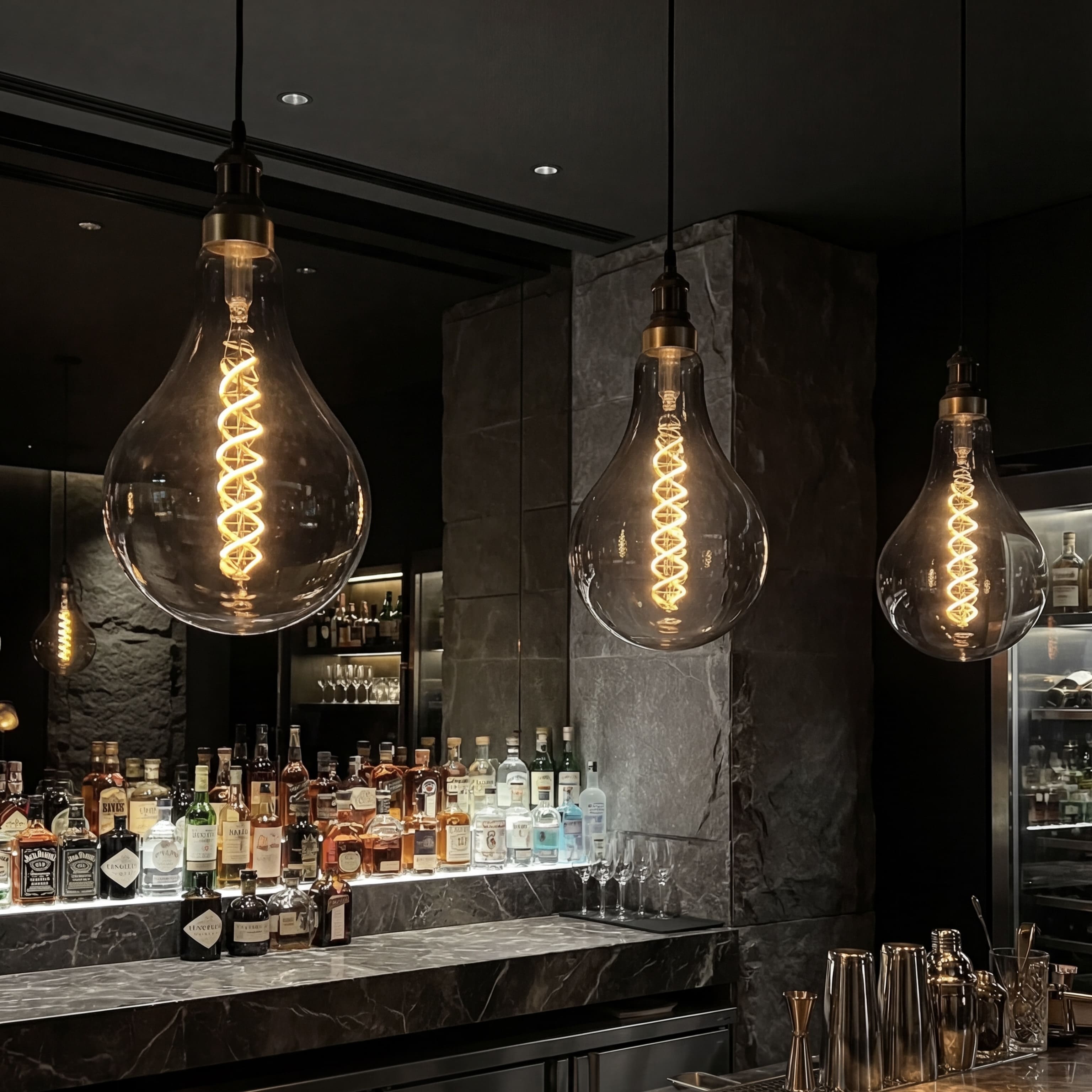 Vintage light bulbs hanging above a bar with bottles and glasses.