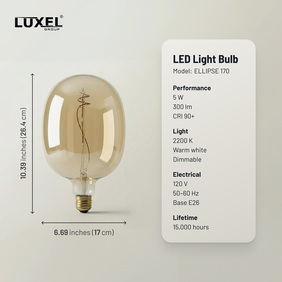 LED light bulb with Luxel branding and specifications on a white background