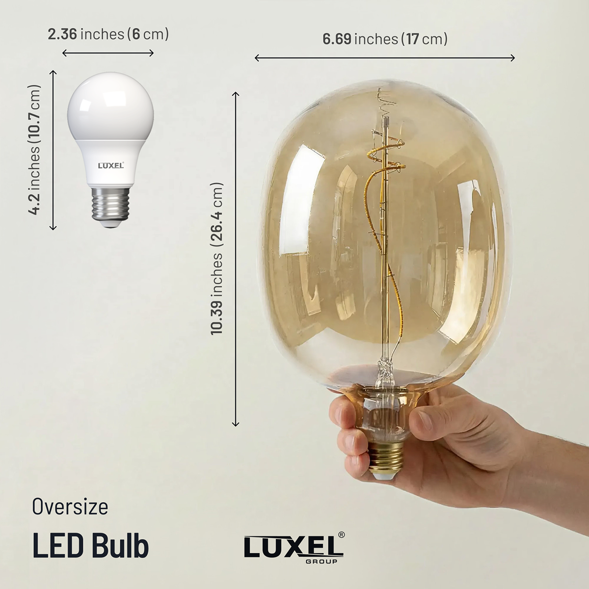 Luxel oversized LED bulb with measurements and a hand holding it.
