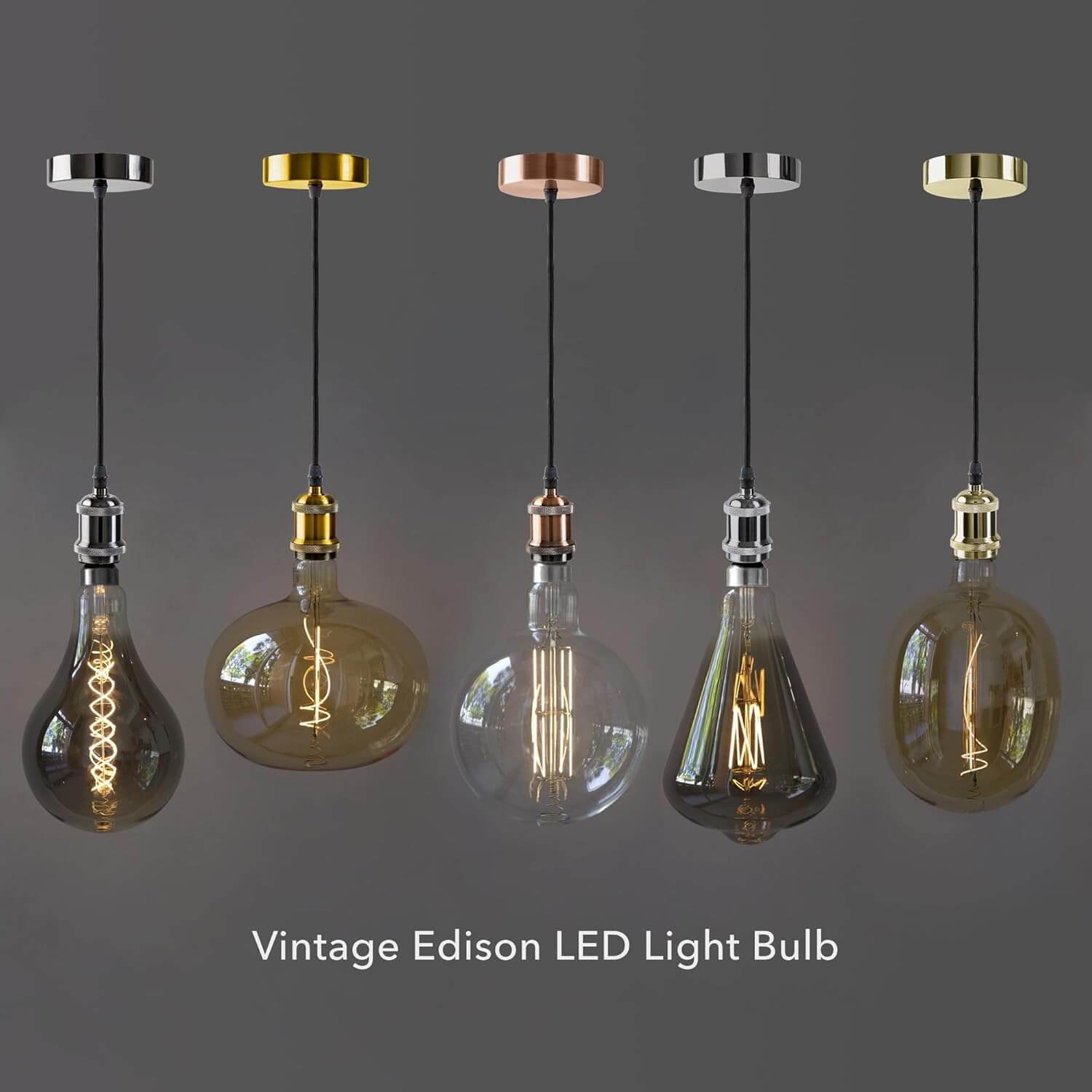 A variety of vintage Edison-style LED bulbs, including the Ellipse 170, hanging from pendant fixtures.