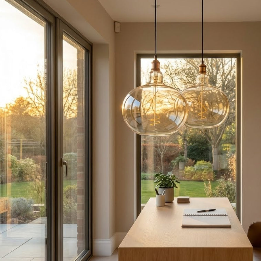 Modern interior with glass pendant lights, desk, and garden view