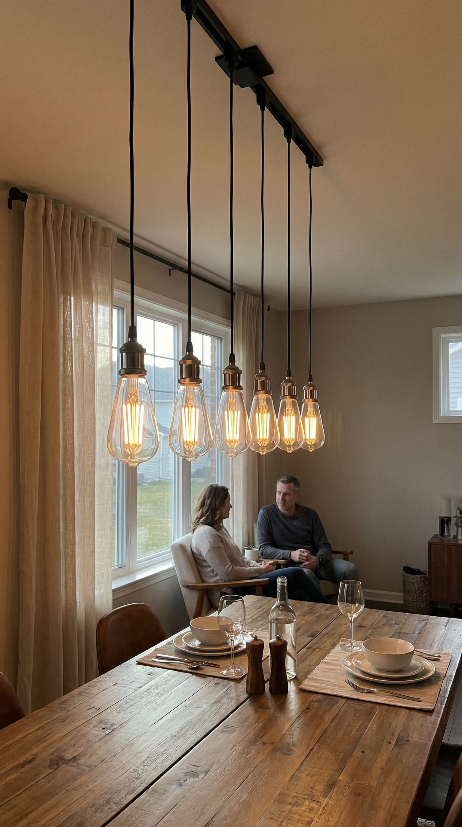 Dining room with wooden table, pendant lights, and a couple sitting by a window.