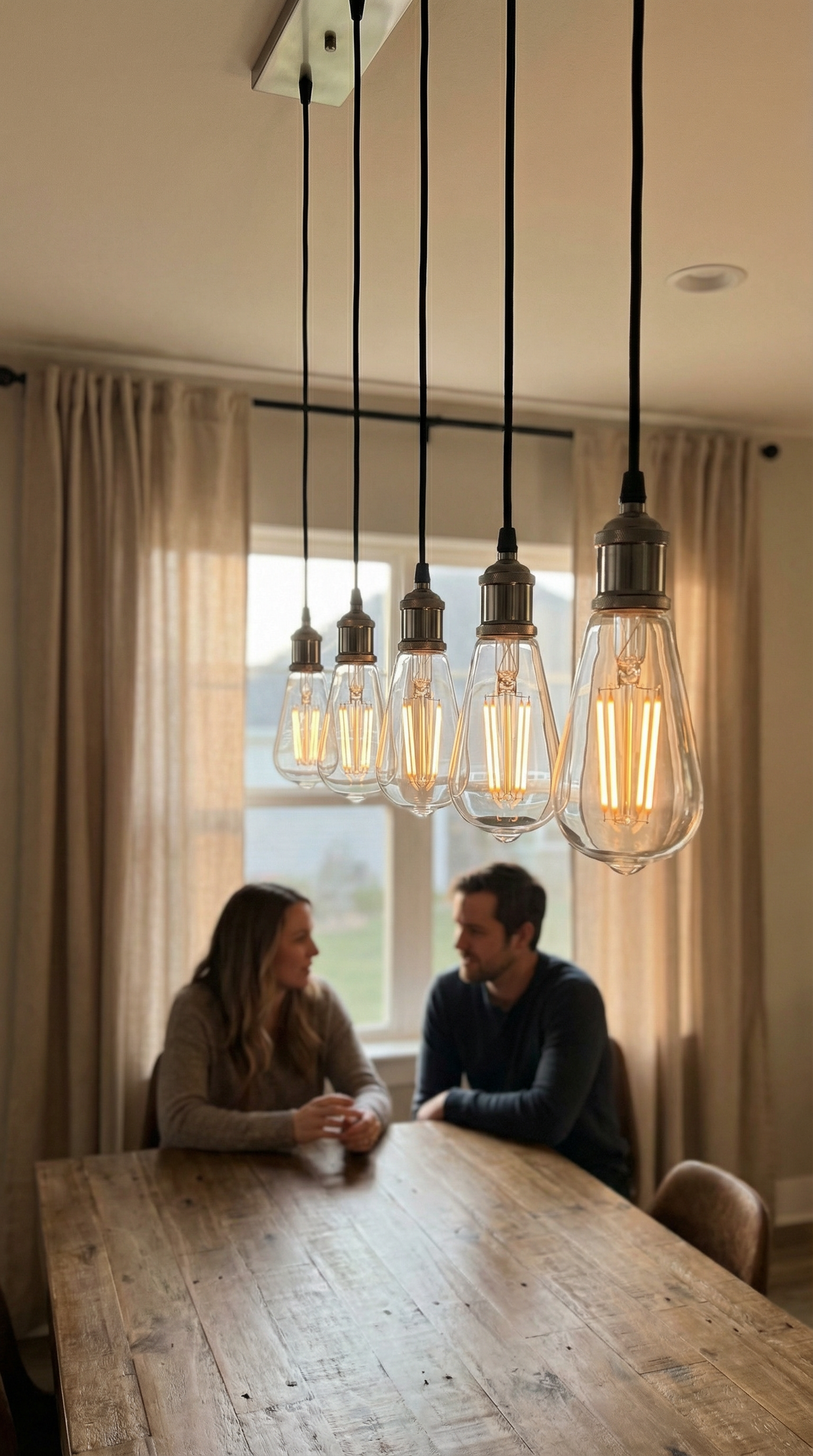 Two people sitting at a wooden table under vintage-style pendant lights.