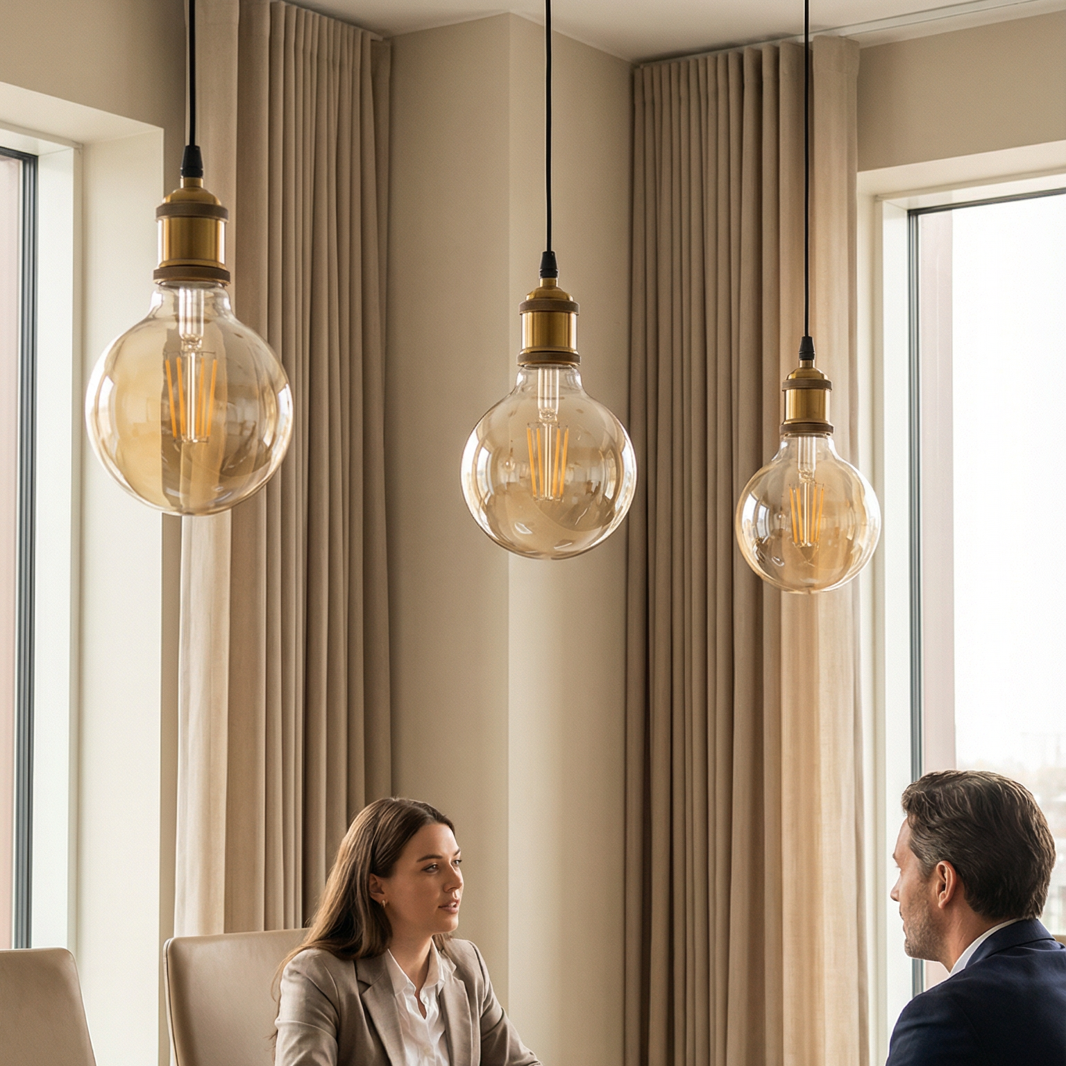 Two people in a professional setting, likely an office or conference room, with large windows and modern lighting fixtures.