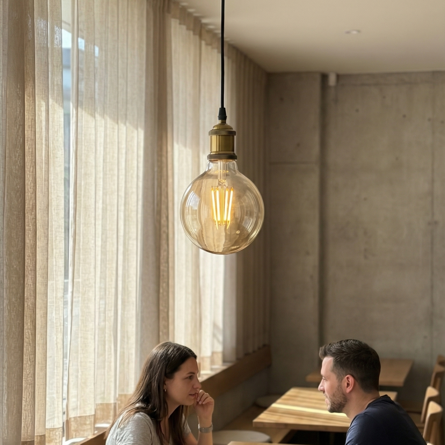 Two people sitting at a table in a modern cafe with a large pendant light.