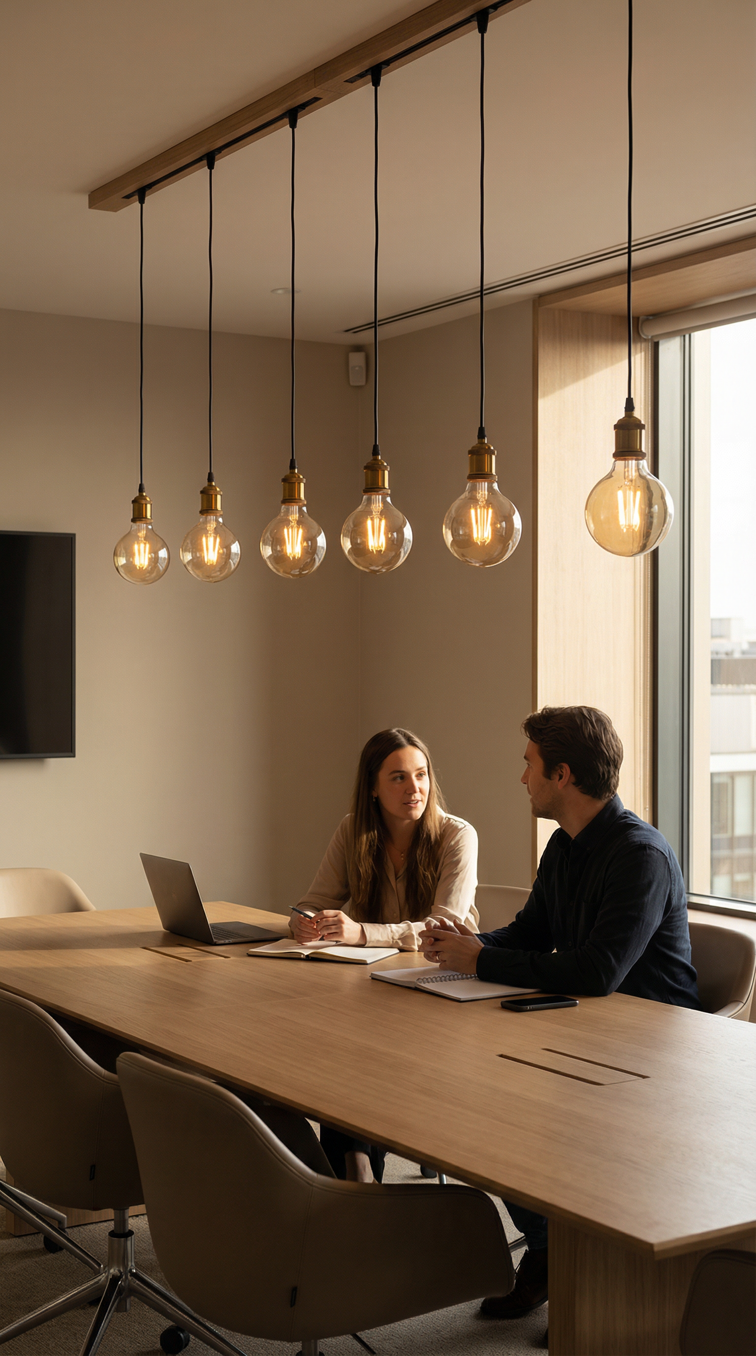 Two people sitting at a conference table in a modern office setting with pendant lights.