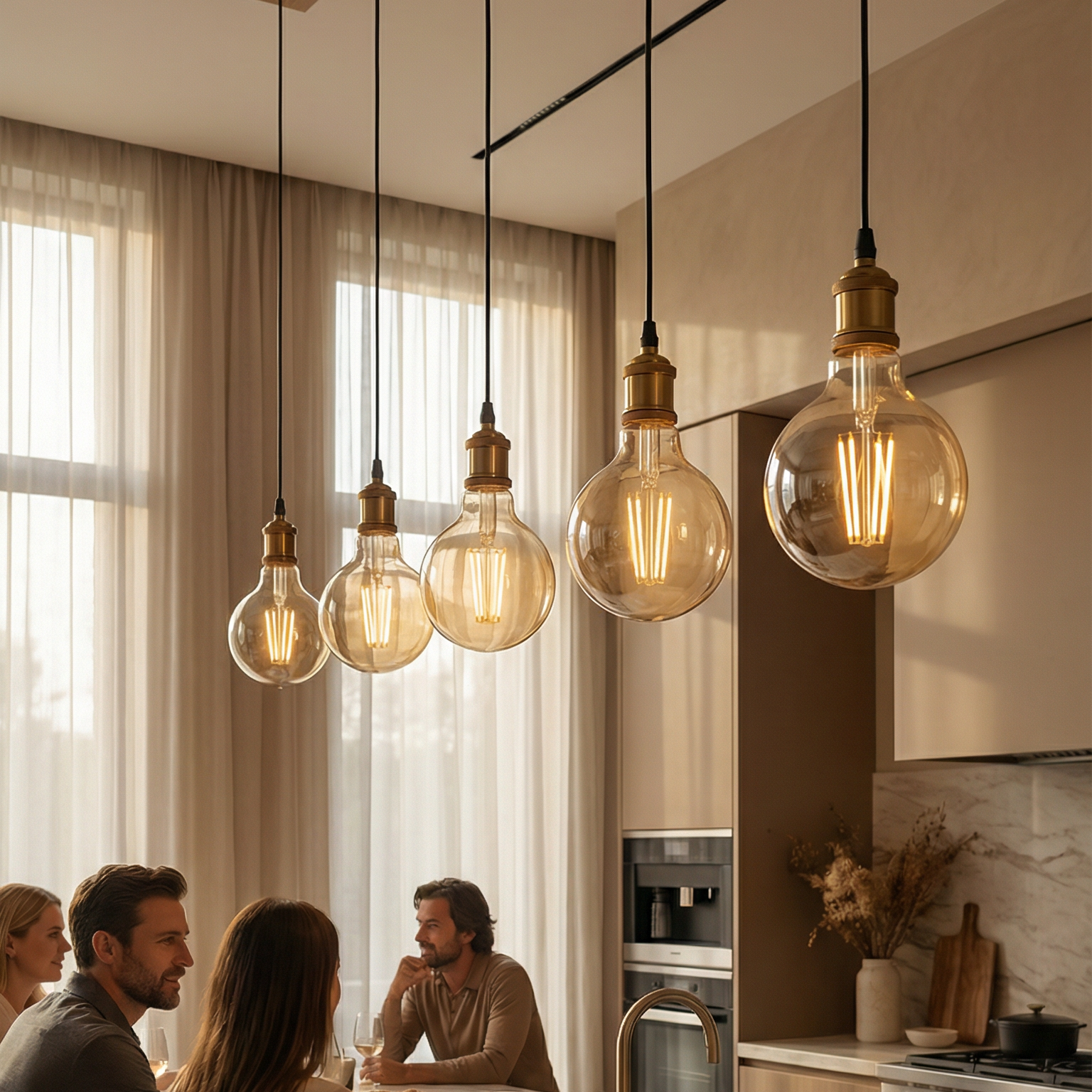Modern kitchen with pendant lights and people sitting at a counter.
