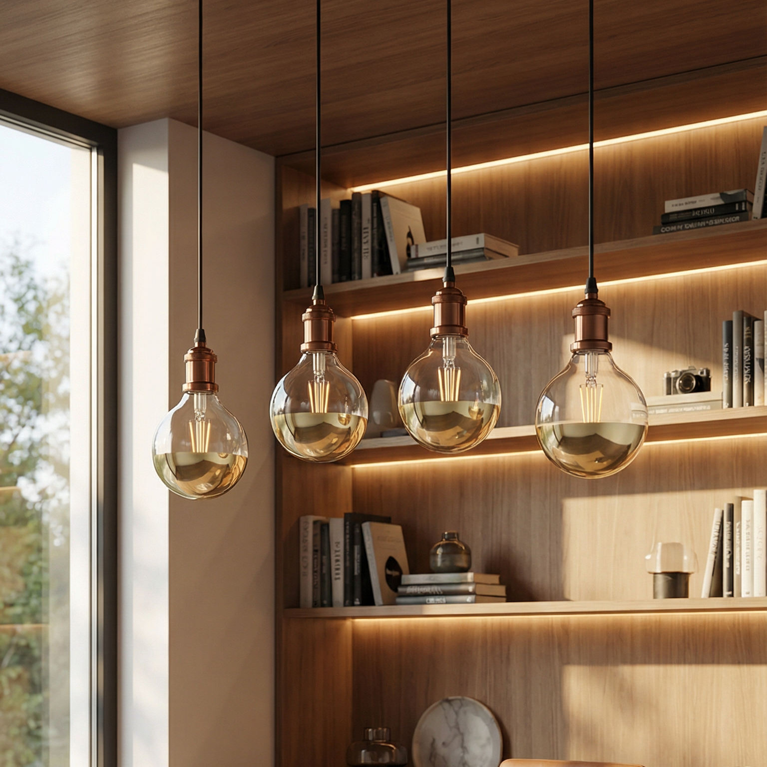 Modern office interior with wooden desk, chair, and pendant lights.