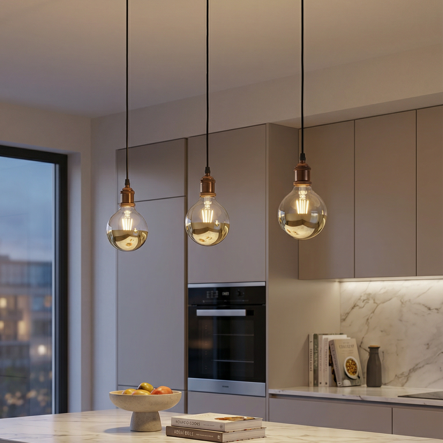 Modern kitchen with pendant lights hanging over a marble island.