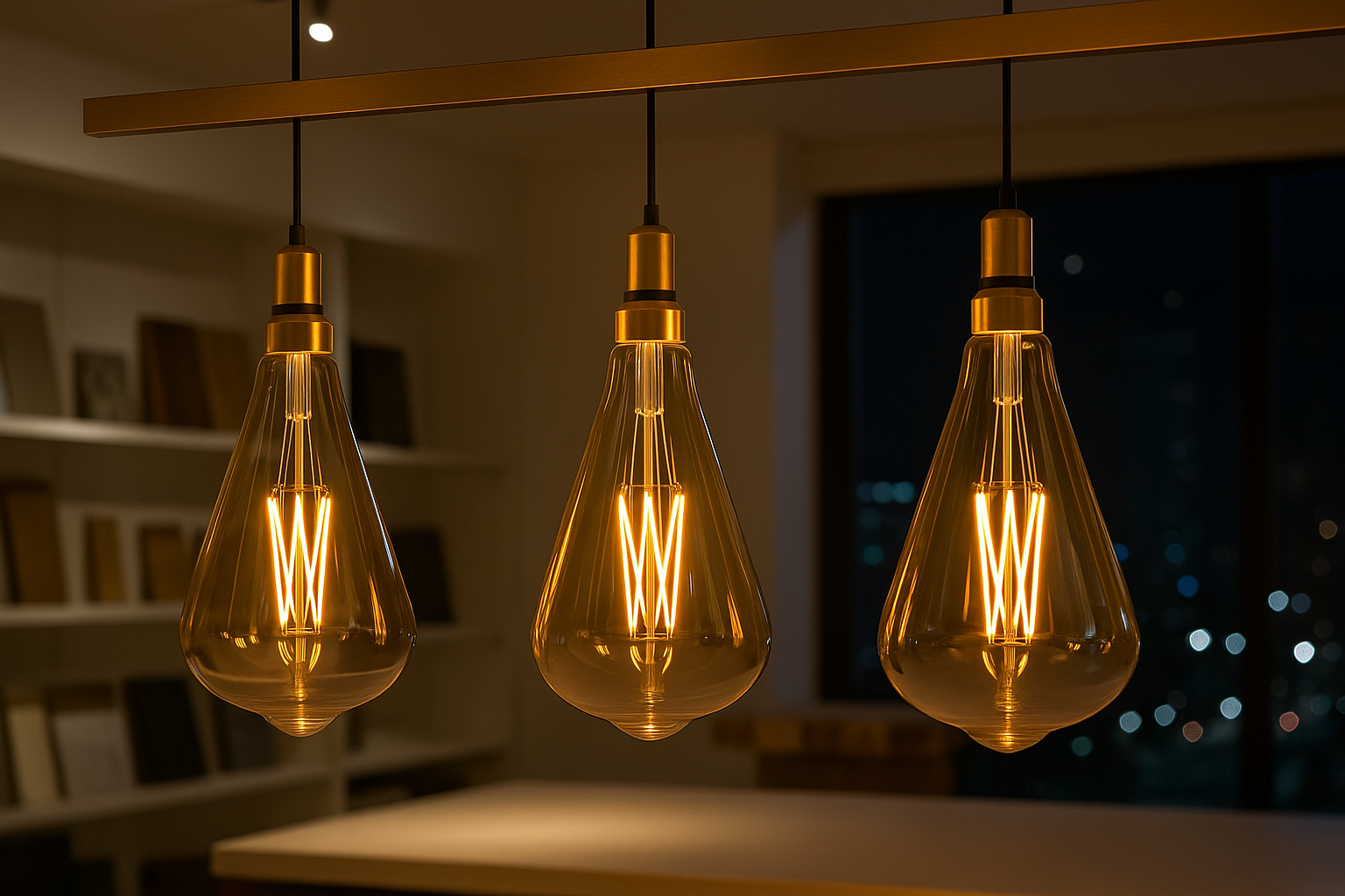Three lit-up light bulbs hanging from a ceiling fixture with a blurred background.