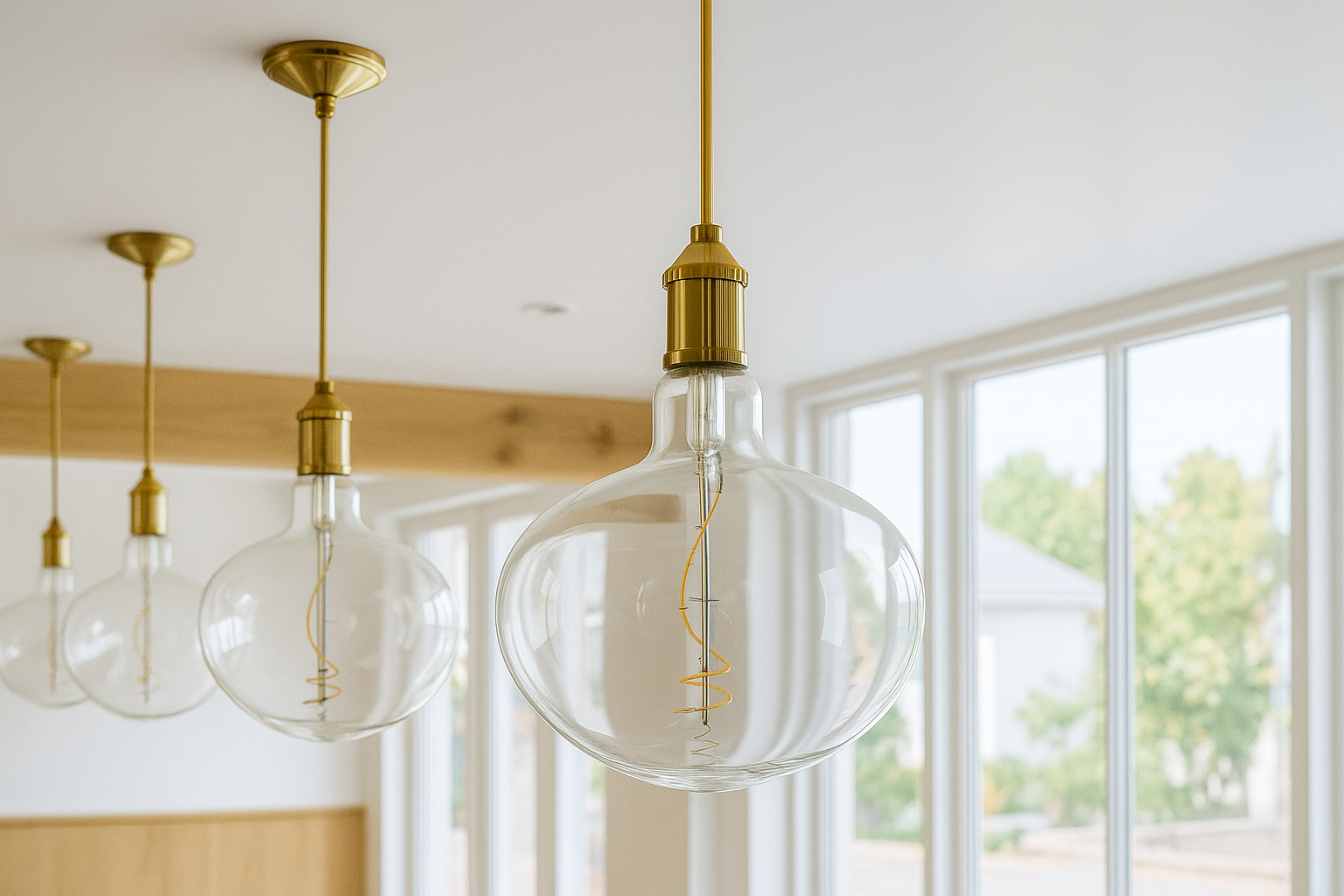 Modern pendant lights with glass shades and gold fixtures in a room with large windows.