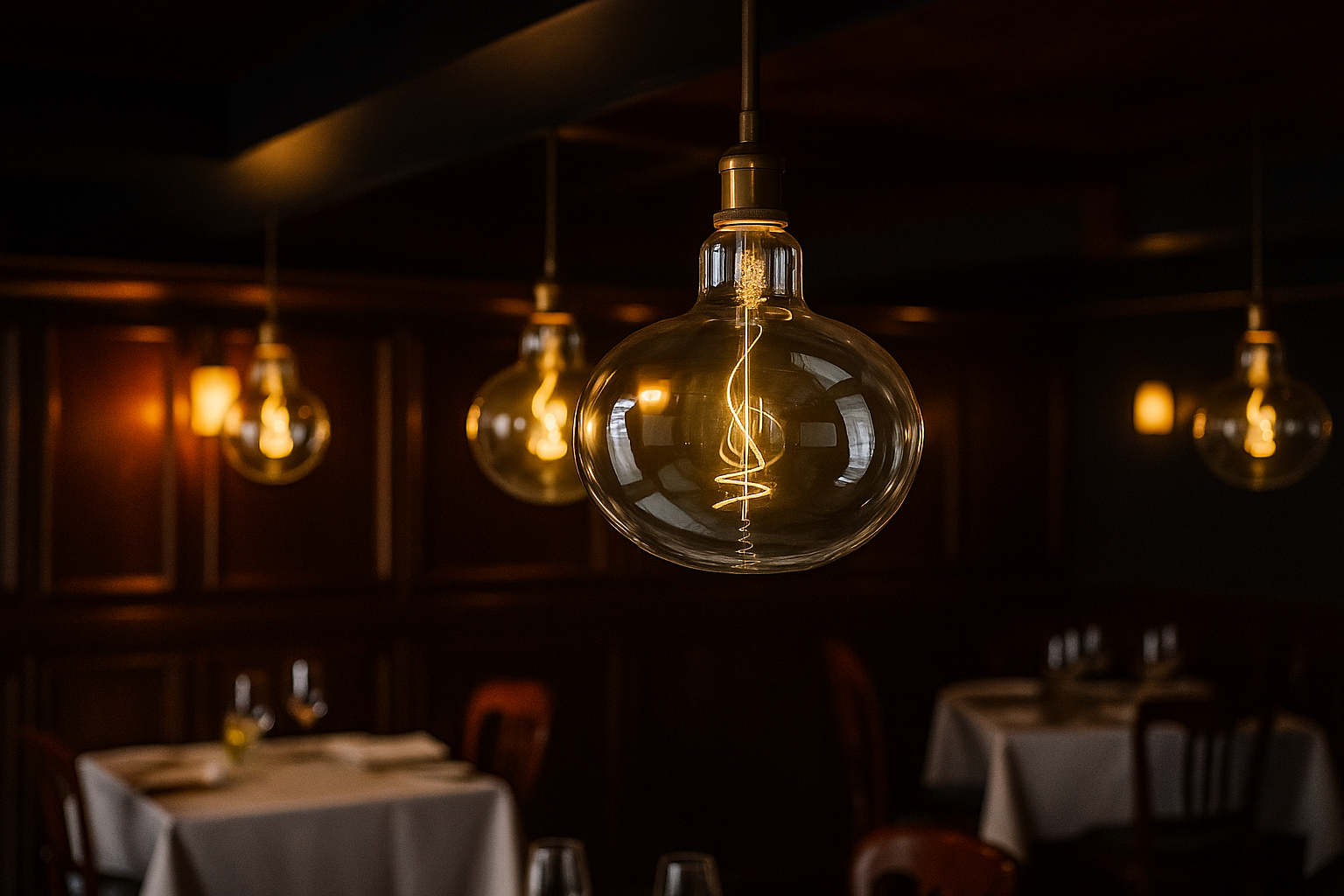 Vintage light bulbs hanging in a dimly lit restaurant setting