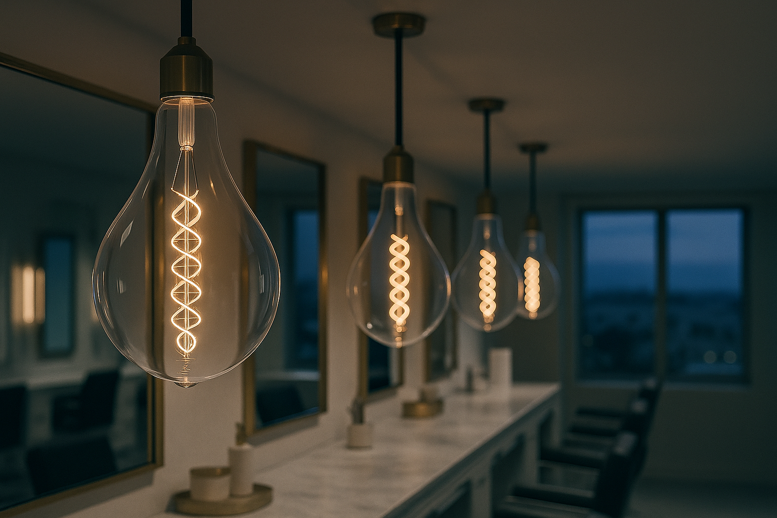Edison-style light bulbs hanging in a modern interior setting